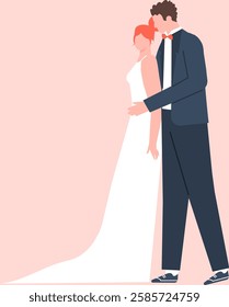 Groom in elegant suit embracing bride in white wedding dress, celebrating their love and commitment during marriage ceremony, minimalist vector illustration with pink background