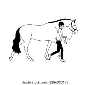 Groom exhibiting the horse, black and white vector illustration