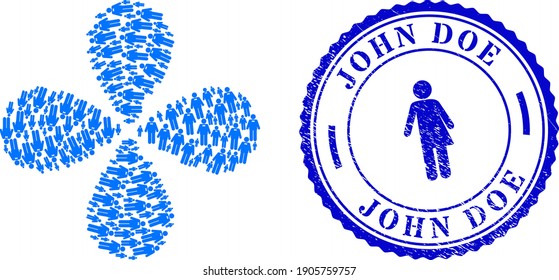 Groom exploding flower with four petals, and blue round JOHN DOE unclean stamp print with icon inside. Object flower combined from oriented groom symbols. Vector flower collage in flat style.