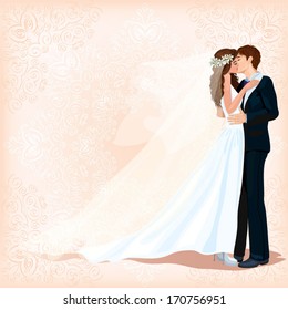 A groom and fiancee kiss each other. Background with tender decorative patterns. Invitation on wedding. Postal. Banner. CMYK