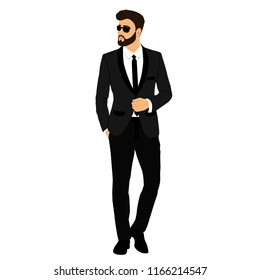 The groom. Gentleman. Businessman. Clothing. Wedding men's suit, tuxedo. Vector illustration
