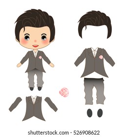 Groom Gray Wedding Suit Costume, Vector Illustration. isolated on White Background.