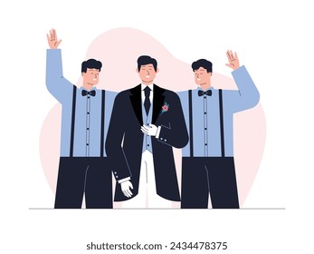 El novio con los padrinos que lo llevan por el pasillo, ilustración vectorial de la boda.