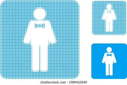 Icono de Groom halftone punteado. La matriz de semitono contiene elementos redondos. Ilustración vectorial del icono del novio en un fondo blanco.