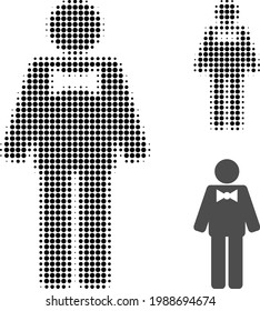 Groom halftone dotted icon. Halftone pattern contains round dots. Vector illustration of groom icon on a white background.