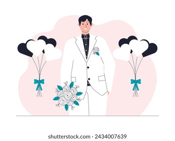 Groom happily carrying flowers to the wedding altar, vector illustration.