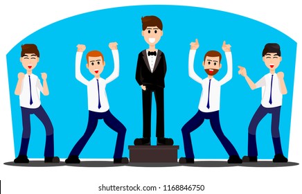 Groom and his groomsmen friends in stylish shirt and blue necktie, emotional group of friends celebrating for new groom