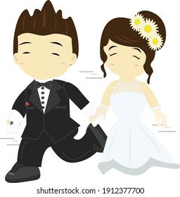 Groom are hold Bride's hands to walking together,couples marriage,wedding love,celebration,lovers