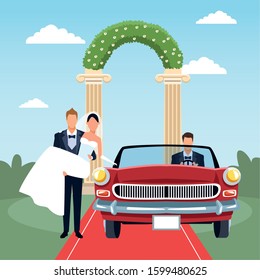 Groom holding bride in his arms and red classic car in just married scenery, colorful design, vector illustration