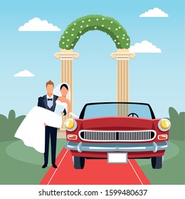 Groom holding bride in his arms and red classic car in just married scenery, vector illustration