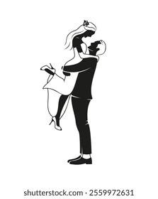 Groom holding the bride in his arms, wedding logo