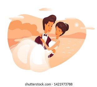 Groom holding bride on arms flat vector illustration. Beautiful bridal couple in love cartoon characters. Wedding day, romantic, honeymoon. Happy fiance in dress and fiancee in suit. Just married 
