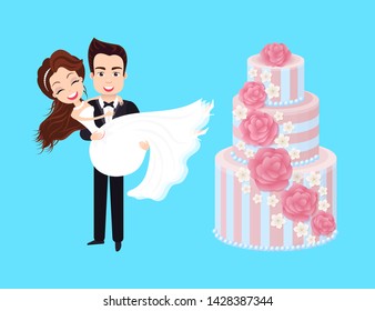 Groom holding bride, smiling couple, portrait view of happy people, wedding festive. Big holiday cake decorated by flowers, pink dessert, newlywed vector