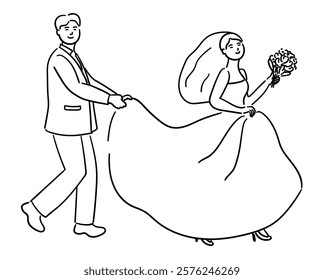 Groom is holding the bride's dress and walking with her, a sweet couple on their wedding day vector illustration