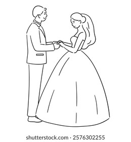 Groom is holding the bride's hand and looking into her eyes at their wedding. Wedding day vector