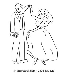 Groom is holding the bride's hand, and they are both dancing together cutely vector illustration