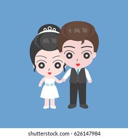 Groom holding hand with Bride, lover couple in wedding costume concept, flat design vector