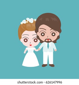 Groom holding hand with Bride, lover couple in wedding costume concept, flat design vector