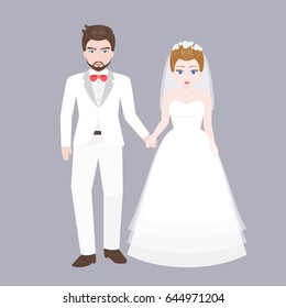 Groom holding hand with Bride, lover couple in wedding costume concept, flat design vector