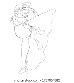 Groom holding his bride vector illustration newlyweds wedding card graphics man and woman in wedding dress