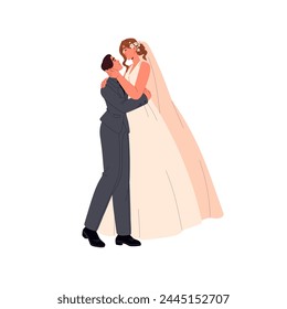 Groom holds bride in bridal dress with veil in his hands. Couple wedding. Newlywed family expression tenderness, love. Marriage celebration. Flat isolated vector illustration on white background svg
