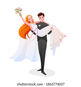Groom holds the bride in his hands, happy couple. Cartoon bearded man character in suit and happy woman in fashionable wedding dress, marriage bridal ceremony day isolated on white