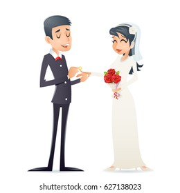 Groom Holds Cute Bride Arms Vintage Happy Smiling Male Female Wedding Marriage Symbol Icon Retro Cartoon Design Vector Illustration