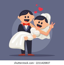 the groom holds his bride in his arms at the wedding ceremony. flat vector illustration.
