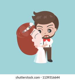 Groom hugging bride, cute character for use as wedding invitation card or backdrop