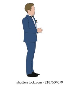 Groom husband male white man blue suit brown hair side facing cartoon digital art sketch vector, wedding day celebration tradition ceremony black bow tie smart formal wear clothing fashionable style. 