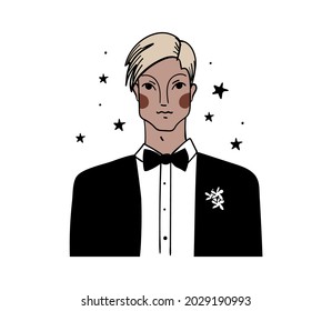Icono de Groom. Dibujo lineal de un joven con traje, ilustración vintage, dibujo a mano. Ilustración de dibujo a mano vectorial de color completo aislada en fondo blanco.