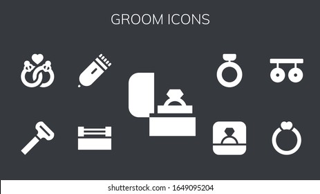 groom icon set. 9 filled groom icons.  Simple modern icons such as: Ring, Electric razor, Razor, Marriage, Rings