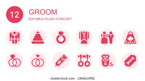 groom icon set. Collection of 12 filled groom icons included Tux, Rings, Ring, Tuxedo, Bride, Electric razor, Electric shaver, Razor