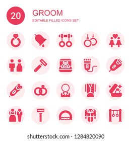 groom icon set. Collection of 20 filled groom icons included Ring, Rings, Same sex marriage, Bride, Razor, Electric shaver, Electric razor, Wedding rings, Groom, Tuxedo, Wedding ring