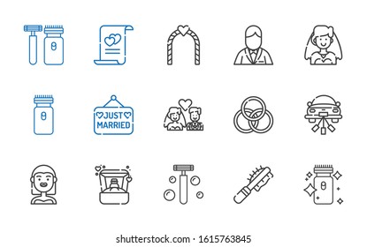 groom icons set. Collection of groom with electric razor, pet brush, razor, ring, bride, wedding car, rings, newlyweds, just married, wedding arch. Editable and scalable groom icons.