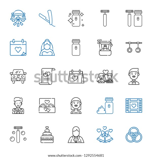 groom icons set.\
Collection of groom with rings, wedding bells, wedding cake, razor,\
wedding video, electric razor, bride, ring, newlyweds. Editable and\
scalable groom icons.