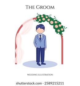 Groom Illustration with Floral Wedding Arch Backdrop