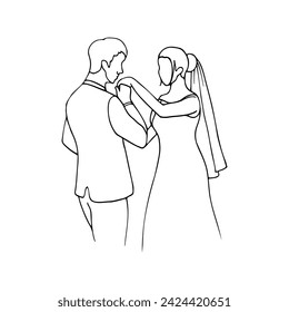 groom kisses the bride's hand, they are happy and look at each other - a hand drawn drawing of the newlyweds. wedding illustration of bride and groom