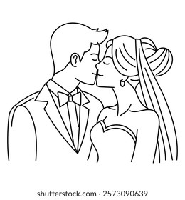 Groom Kissing Bride Wedding Illustration  Hand Draw Outline Cartoon