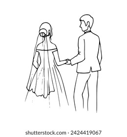 groom leads the bride by the arm, the newlyweds leaving - a hand-drawn drawing of the newlyweds. wedding illustration of bride and groom