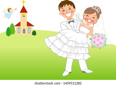 Groom lifting the bride at the wedding