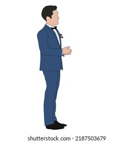 Groom male white man husband black hair blue suit side facing cartoon digital art sketch vector, wedding day celebration tradition ceremony black bow tie smart formal wear clothing fashionable     