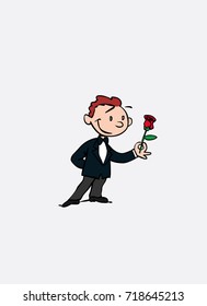 Groom offering a red rose. Vector isolated character.
