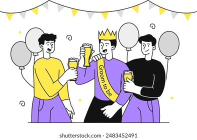 Groom in party. Men celebrate future wedding with beer. Holiday and event, disco. Young guys ith glasses of alcoholic products. Linear flat vector illustration isolated on white background