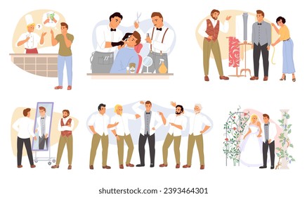 Prepararse para el día de la boda aislado. Restaurante de pedidos, peluquería, traje de coser, celebración de la fiesta de despedida de soltero y de la ceremonia del matrimonio ilustración vectorial