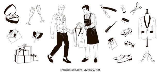 groom is preparing for his wedding day, set  items needed for a groom to look his best, black and white outline vector illustration