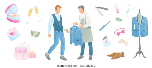 el novio se prepara para su día de boda, establece los elementos necesarios para que un novio luzca su mejor ilustración de vector de color