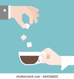 Groom put sugar in bride's coffee cup, sweet lover and marriage concept, suitable for backdrop or invitation, flat design