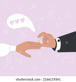 The groom puts a ring on the bride's finger. Wedding couple are getting married. The concept of love. Vector stock illustration on purple background with hearts and stars.