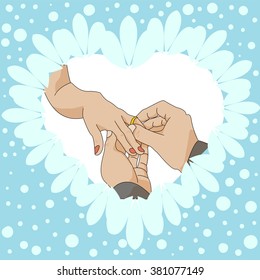 The groom puts the ring on the bride's hand, wedding. Vector illustration, Hand drawing, Element design for cards and invitation